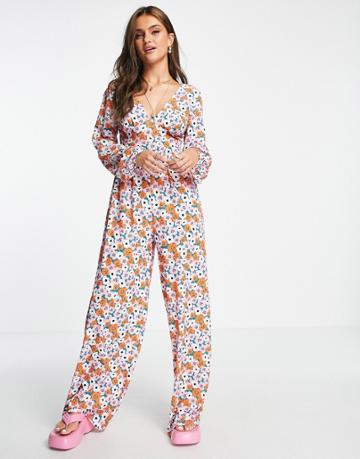 Asos Design Bubble Crepe Button Back Long Sleeve Jumpsuit In Floral Print-multi