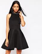 Oh My Love Skater Dress With Embellished Neck - Black