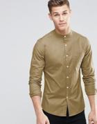 Asos Skinny Oxford Shirt In Camel With Grandad Collar And Long Sleeves - Camel