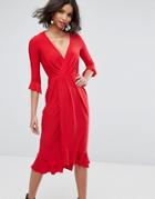Asos Wrap Front Midi Dress With Frill Detail - Red