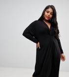 Asos Design Curve Relaxed Long Sleeve Midi Dress With Knot Front - Black