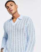 Asos Design Knit Pointelle Notch Neck Polo Sweater In Light Blue-blues