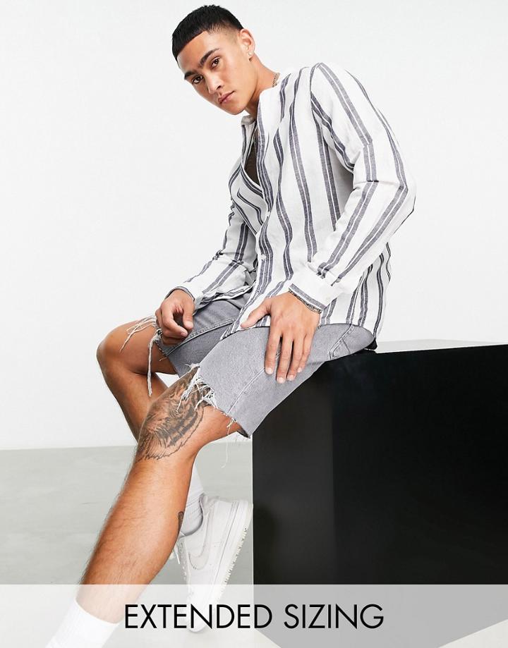 Asos Design Deep Revere Grandad Collar Shirt In Linen White And Navy Stripe