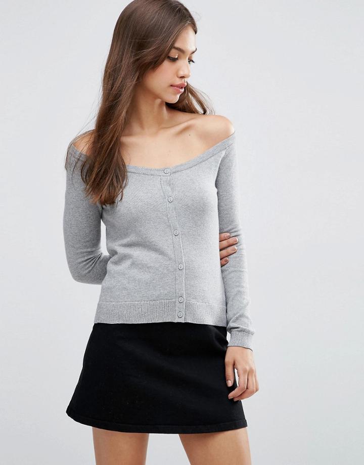 Asos Cardigan In Fine Knit Off Shoulder Shape - Gray