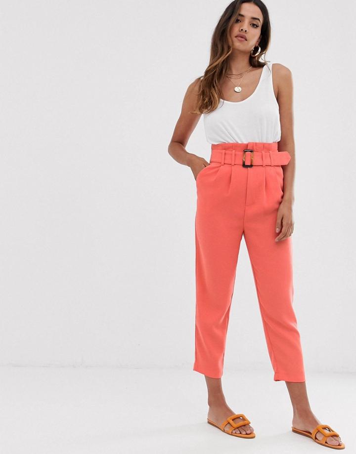 Stradivarius Belted Tailored Pants In Coral-orange