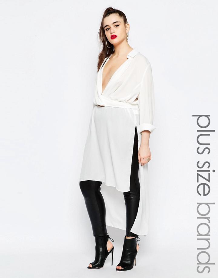 Missguided Plus Tie Waist Long Line Shirt - White
