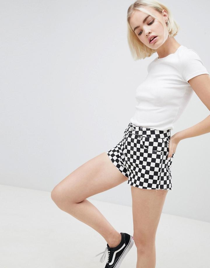 Asos Design Denim Short With Raw Hem In Checkerboard - Multi