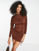Asos Design Ruched Side Mini Dress In Chocolate-brown