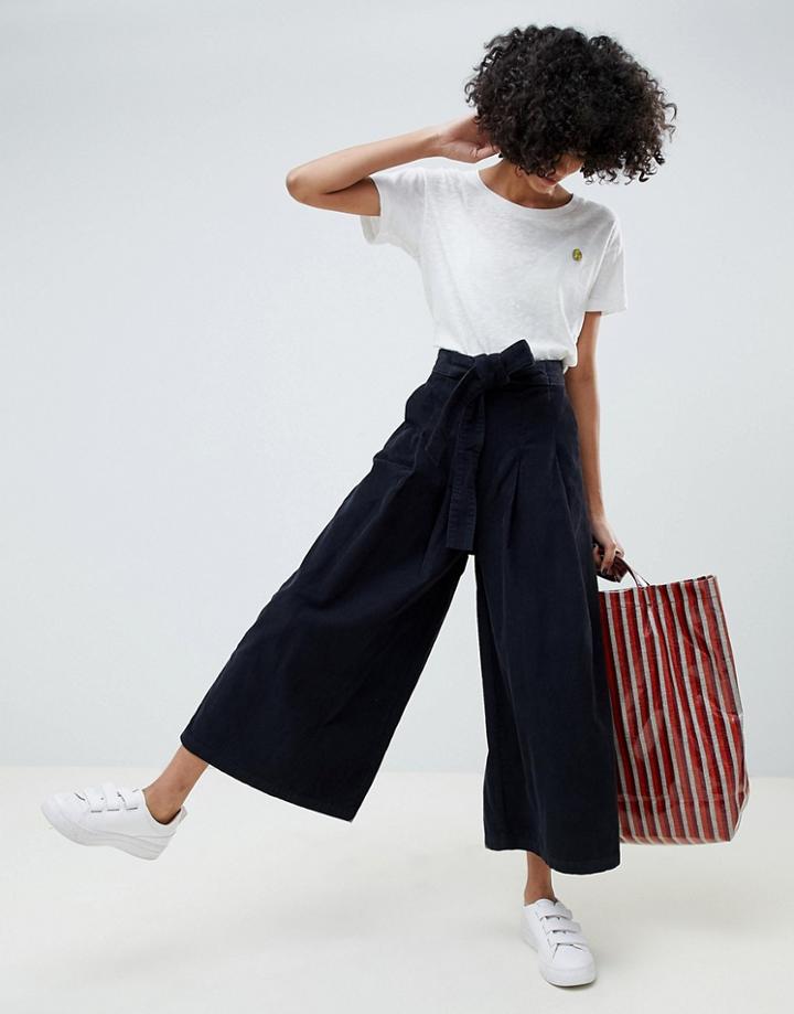 Asos Design Wide Leg In Navy Cord Jeans With Waist Tie - Blue