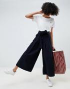 Asos Design Wide Leg In Navy Cord Jeans With Waist Tie - Blue