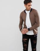 Asos Knitted Muscle Fit Bomber Jacket In Camel Twist - Tan