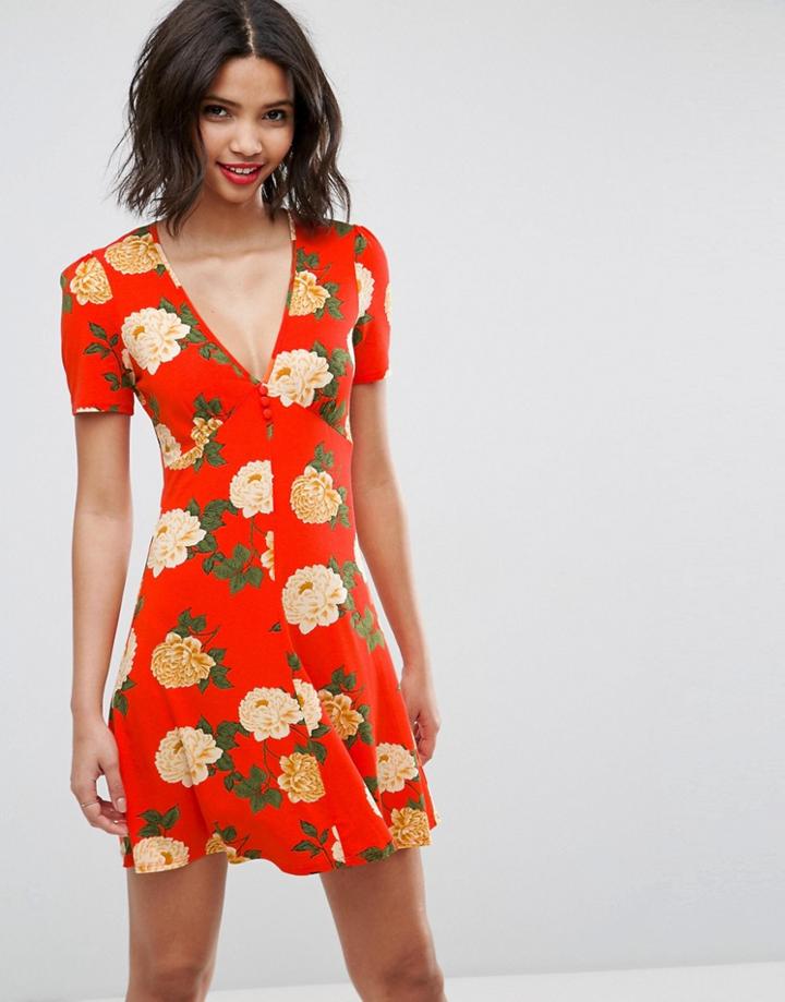 Asos Mini Tea Dress With V Neck And Button Detail In Red Floral Print - Multi