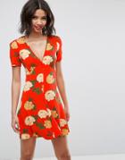 Asos Mini Tea Dress With V Neck And Button Detail In Red Floral Print - Multi