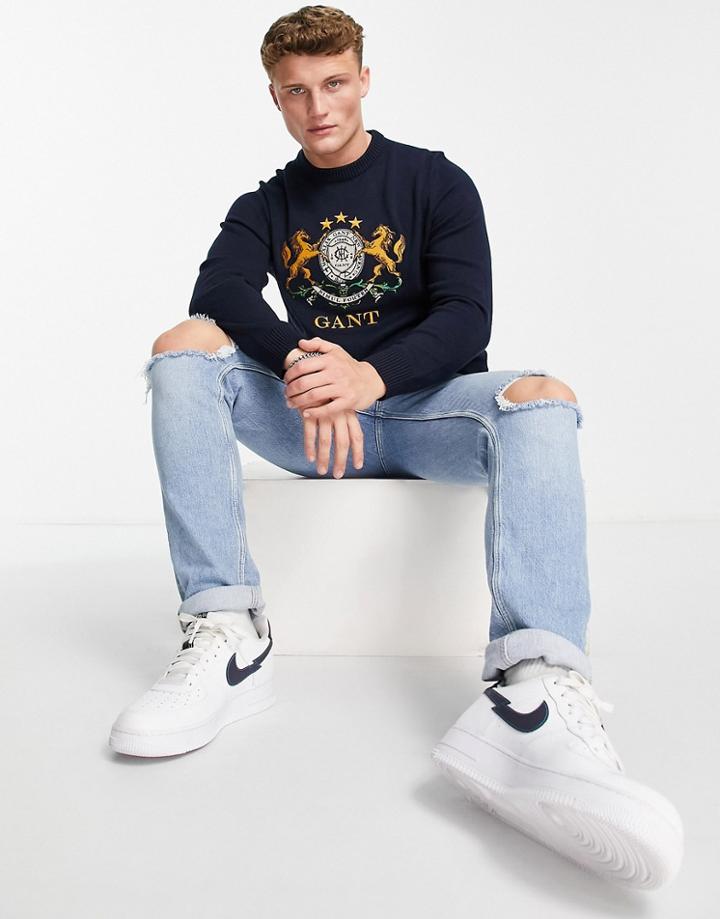 Gant Crest Logo Front Knit Sweater In Navy