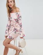 Lasula Floral Off Shoulder Dress With Tie Waist-pink