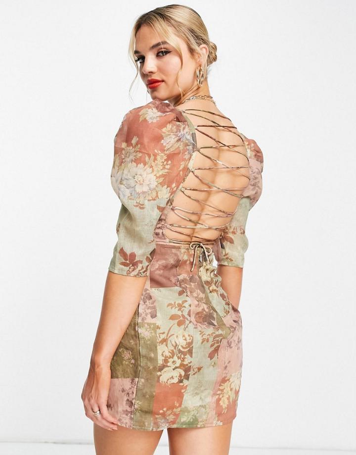 Asos Design Wrap Skirt Mini Dress With Ruched Bust And Puff Sleeves-multi