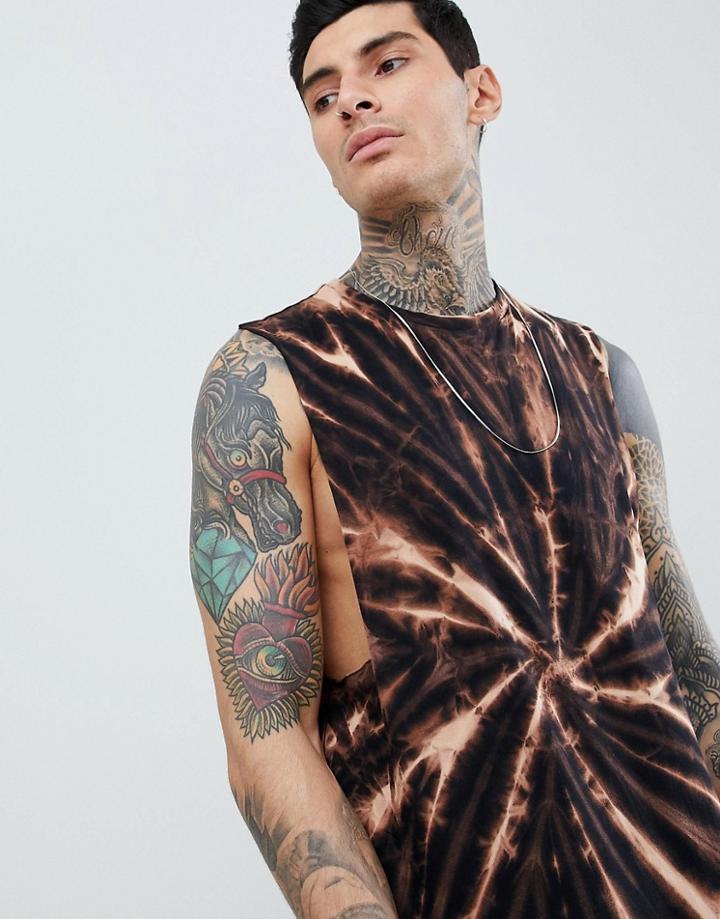 Asos Design Longline Sleeveless T-shirt With Spiral Tie-dye In Brown - Brown