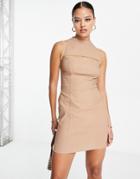 Asos Design Structured Racer Mini Dress With Slit Detail In Camel-brown