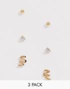 Asos Design Pack Of 3 Stud Earrings With Crystal Ball And Squiggle Design In Gold Tone - Gold