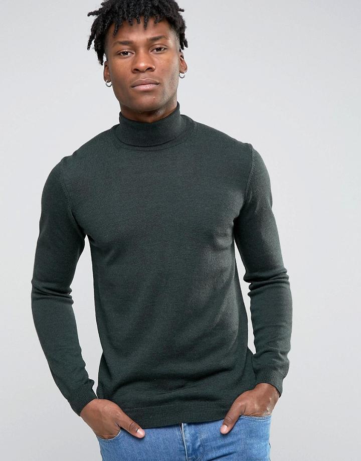 Asos Roll Neck Sweater In Merino Wool - Green