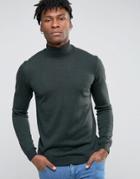 Asos Roll Neck Sweater In Merino Wool - Green