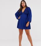 Asos Design Curve Angel Sleeve Pleated Mini Dress With Lace Insert-navy