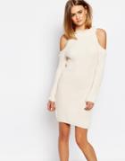 Daisy Street Halter Neck Knit Rib Dress With Cold Shoulder - Cream