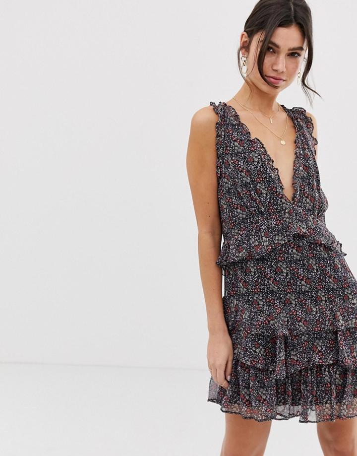 Stevie May Gazelle Floral Print Ruffle Dress - Black