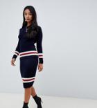 Boohoo Petite Contrast Stripe Rib Midi Skirt In Navy - Blue