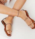 Asos Design Wide Fit Fuscia Embellished Flat Sandals In Bright Orange Leopard-multi