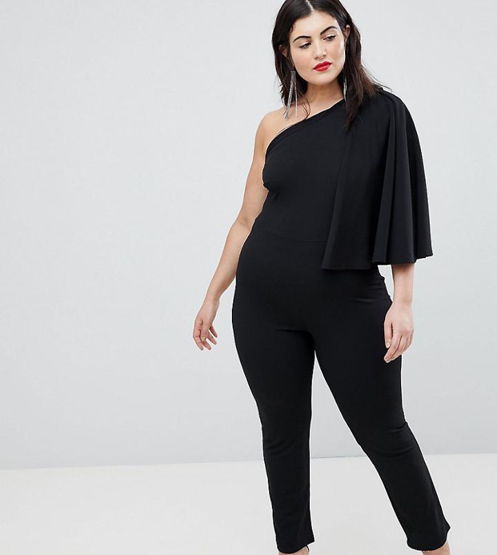 Club L Plus One Shoulder Cape Sleeve Detailed Jumpsuit - Black