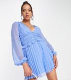 Asos Design Tall Button Through Ruched Waist Pleated Mini Dress In Metallic Texture In Cornflower Blue