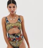 Asos Design Tall Recycled Buckle Waist Swimsuit In Leopard Tropical Print - Multi