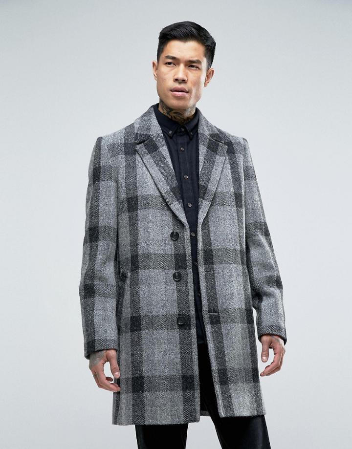 Asos Harris Tweed Overcoat In Gray Check - Gray
