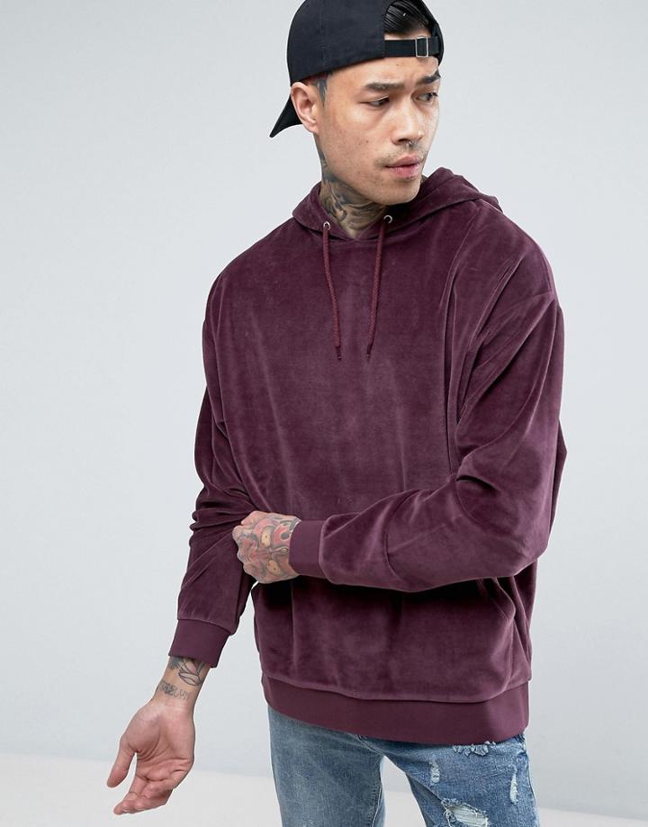 Asos Oversized Hoodie In Burgundy Velour - Red