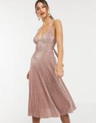 Asos Design Spot Plisse Cupped Strappy Midi Dress With Bow Back - Multi