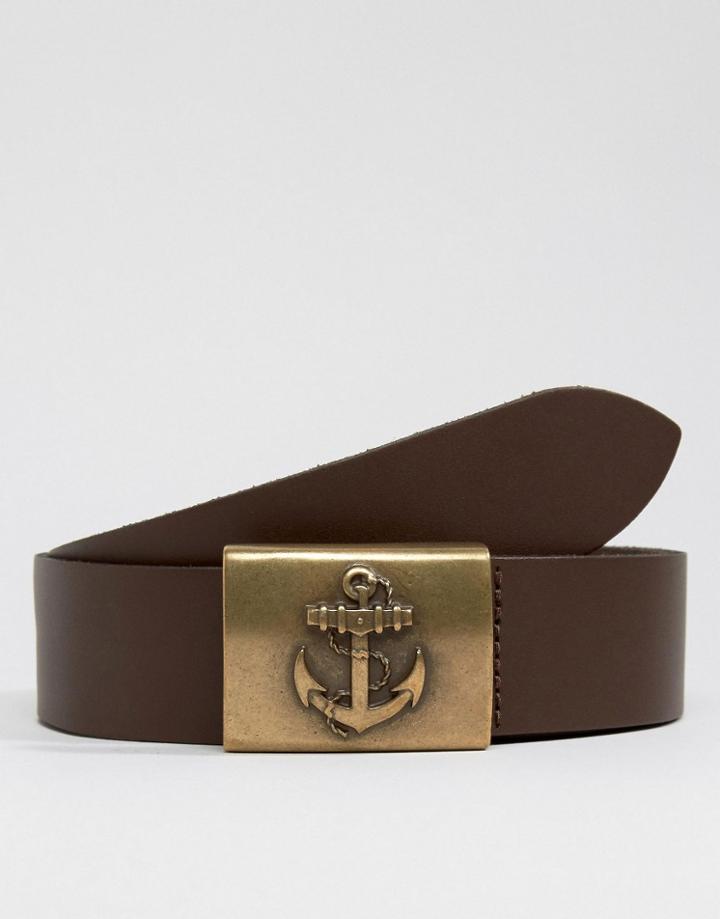 Asos Leather Belt With Anchor Buckle - Brown