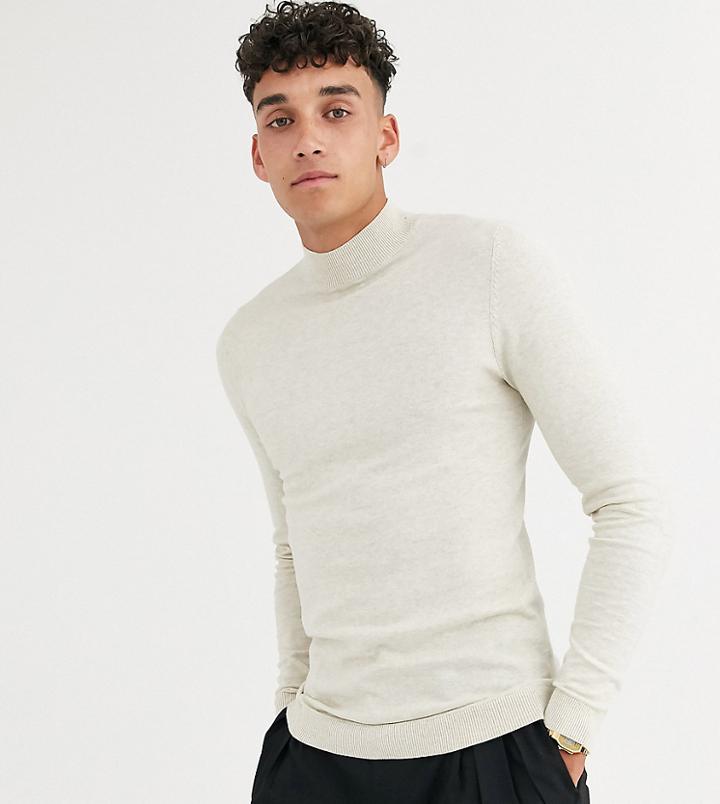 Asos Design Tall Cotton Turtleneck In Oatmeal - Beige