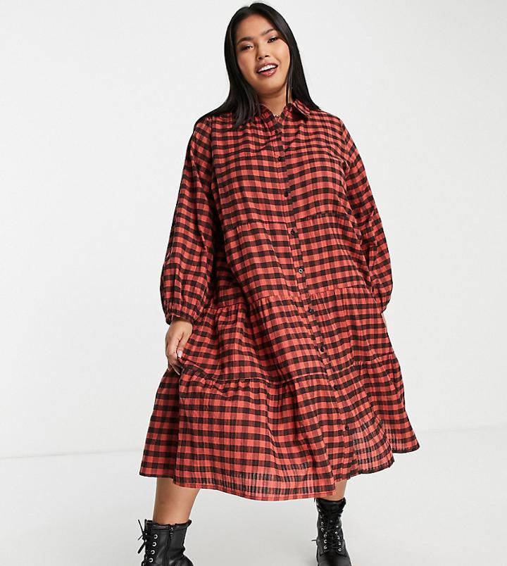 Violet Romance Plus Tiered Midi Shirt Dress In Rust Gingham Print-black
