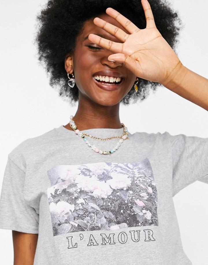 Miss Selfridge 'l'amour' T-shirt In Gray-green