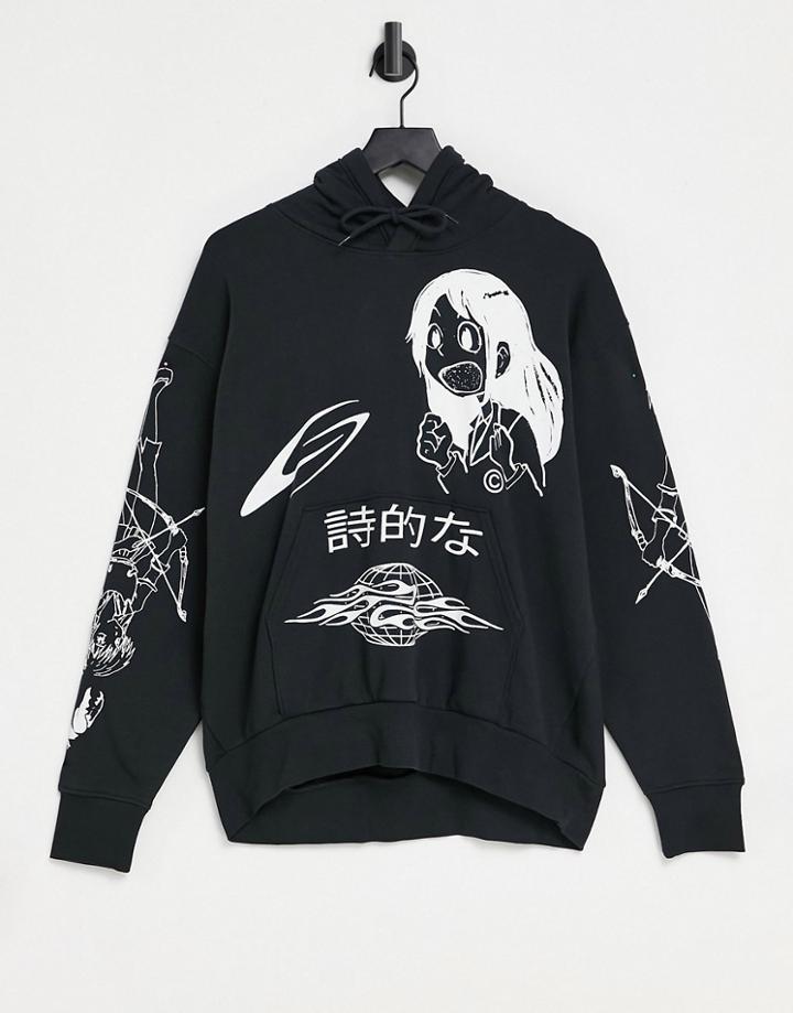Weekday Alisa Organic Cotton Manga Print Hoodie In Off Black