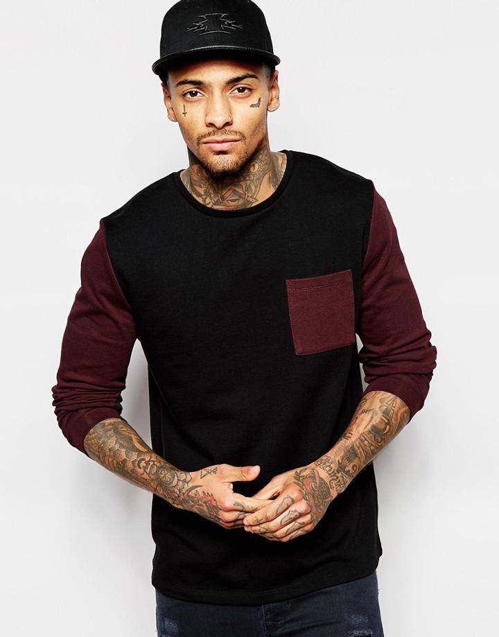 Asos Sweatshirt With Contrast Sleeves & Pocket In Burgundy - Black