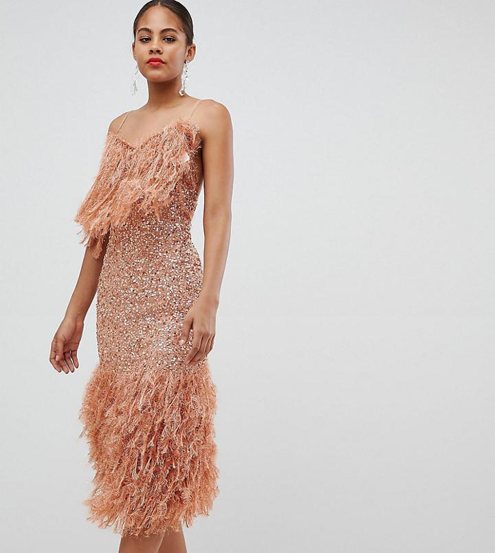 Asos Design Tall Feather Effect Trim Sequin Midi Bodycon Dress - Pink