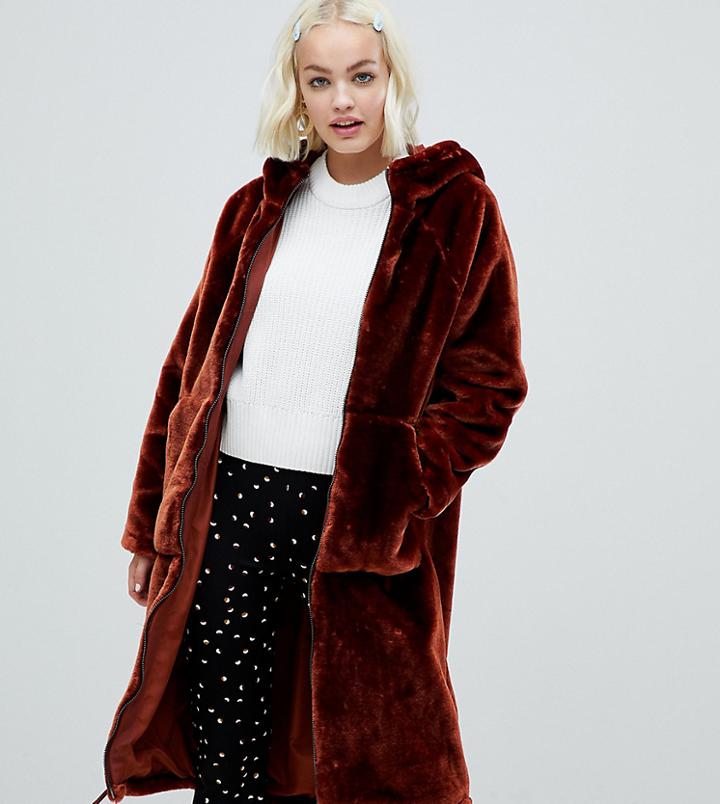 Monki Faux Fur Zip Hooded Coat In Brown