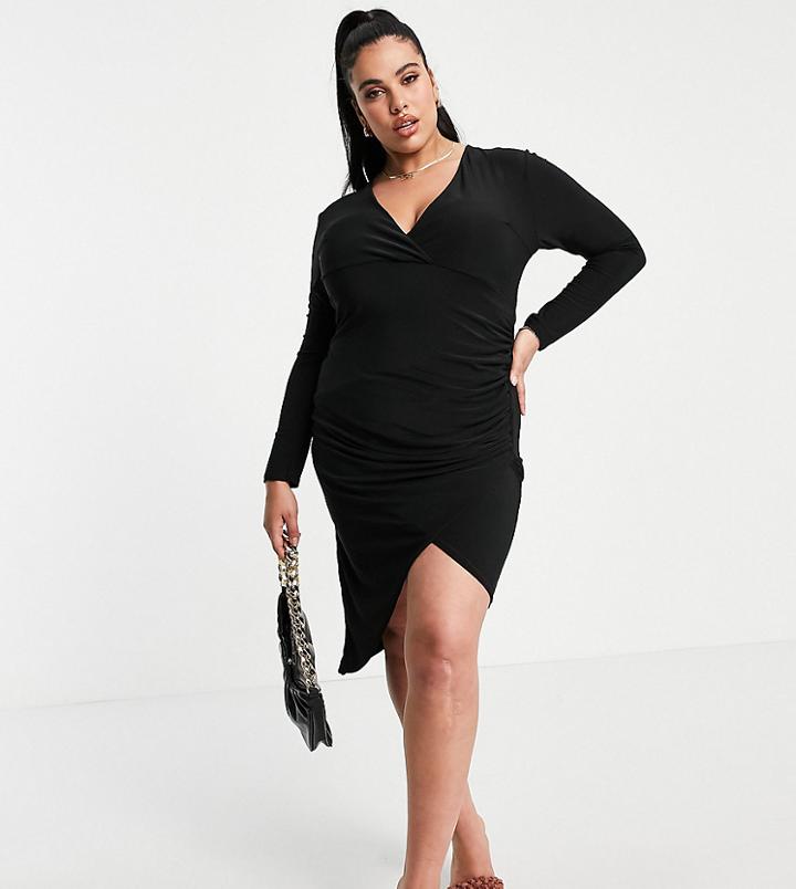 Club L London Plus Ruched Wrap Front Asymmetric Midi Dress In Black