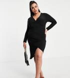 Club L London Plus Ruched Wrap Front Asymmetric Midi Dress In Black
