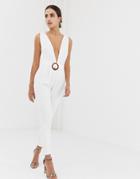 Asos Design Deep Plunge Jumpsuit With Buckle Belt And Peg Leg - White