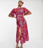 Influence Petite Flutter Sleeve Midi Tea Dress In Red And Pink Floral-multi