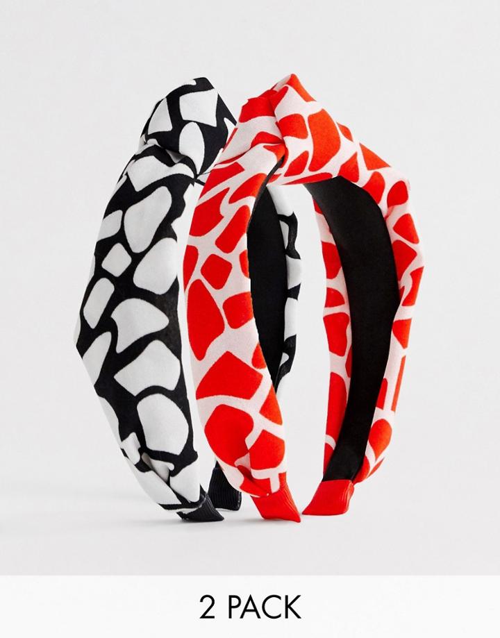 Asos Design Pack Of 2 Knot Bow Headbands In Mixed Animal Prints - Multi