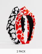 Asos Design Pack Of 2 Knot Bow Headbands In Mixed Animal Prints - Multi